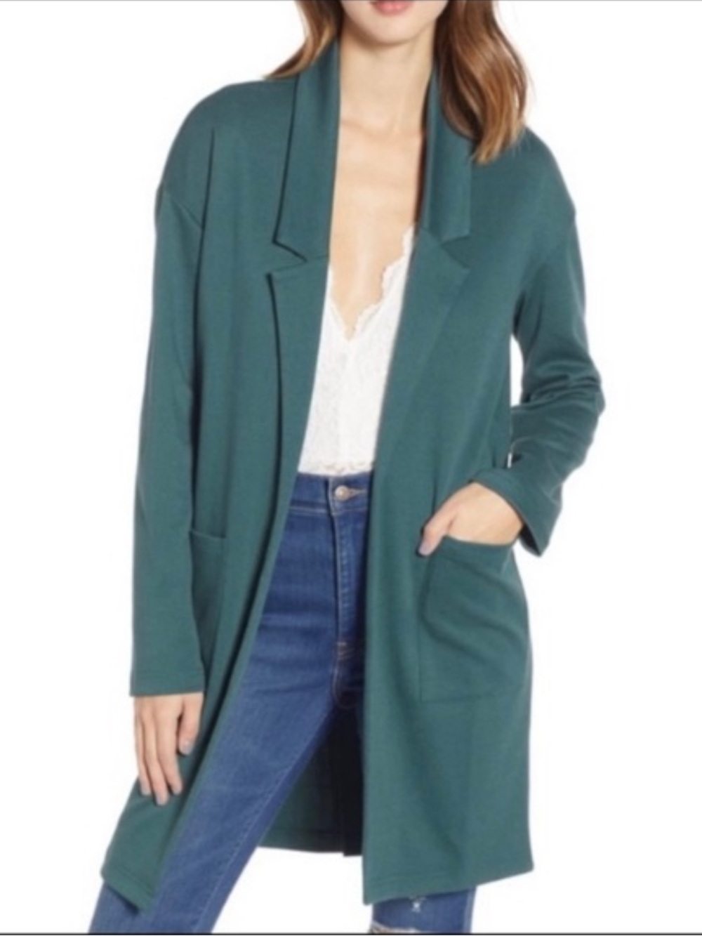 Leith Open Front Long Cardigan Jacket in Teal